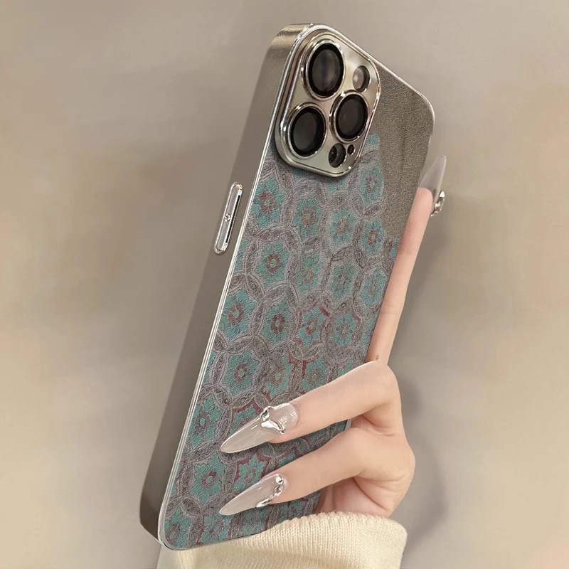 敦煌花纹适用于苹果16手机壳iPhone15女款电镀小羊皮防摔网红全包