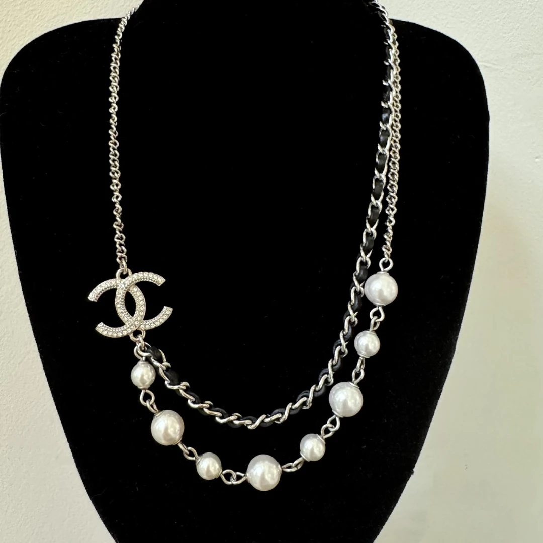 95新 Chanel/香奈儿 21B银色皮穿链珍珠双链条choker项链11937651