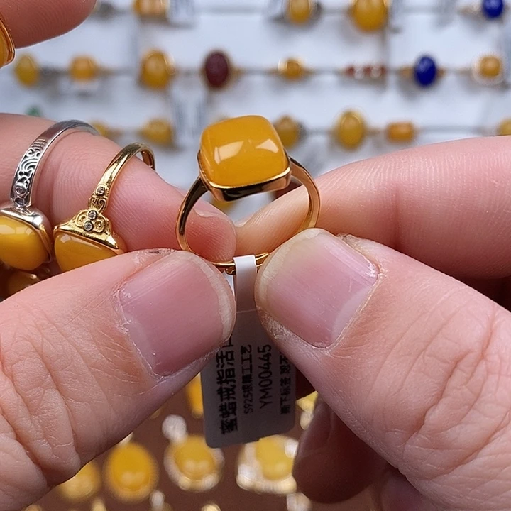 蜜蜡银S925镀金镶嵌戒指