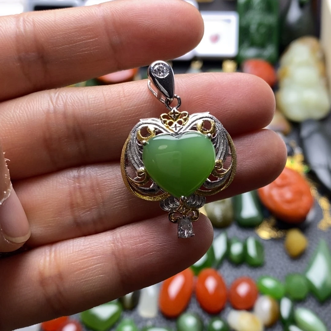 和田玉银S925镶嵌珠宝半成品吊坠