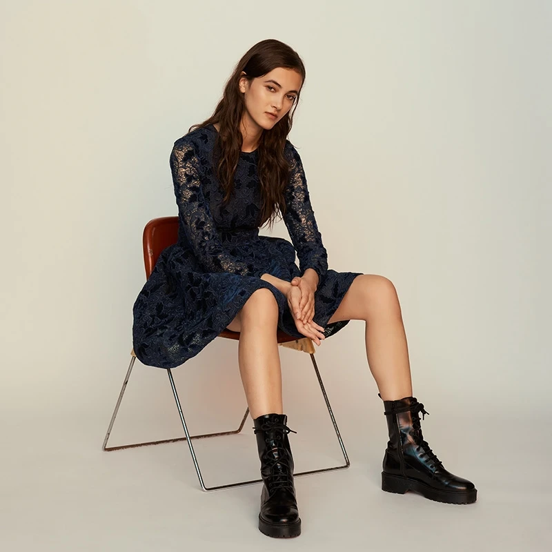 【TaKuMi】法系品牌 秋季新款 M 优雅气质精致蕾丝高腰蓬蓬连衣裙