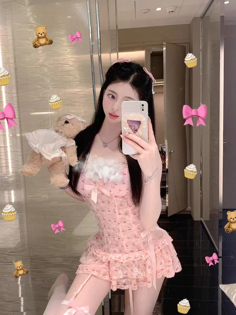 蛋糕（80-150斤）大码女式法式钢圈气质可爱樱桃蛋糕裙碎花蕾丝2100