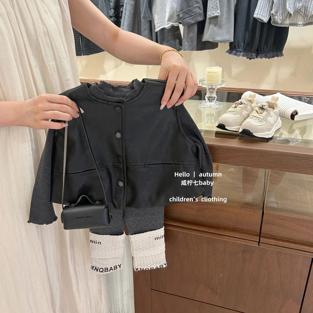 【咸柠七】时髦精！女童秋装套装甜酷新款儿童洋气时髦皮马甲外套