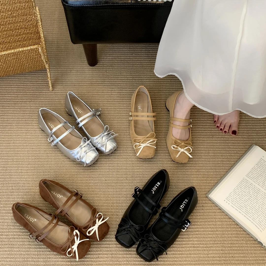 XLY-866-6 甜美蝴蝶结厚底芭蕾舞鞋方头浅口气质通勤配裙子单鞋