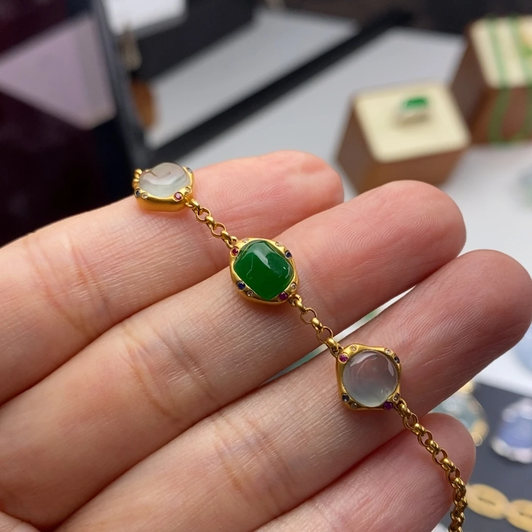 定制翡翠18K金镶嵌  手链