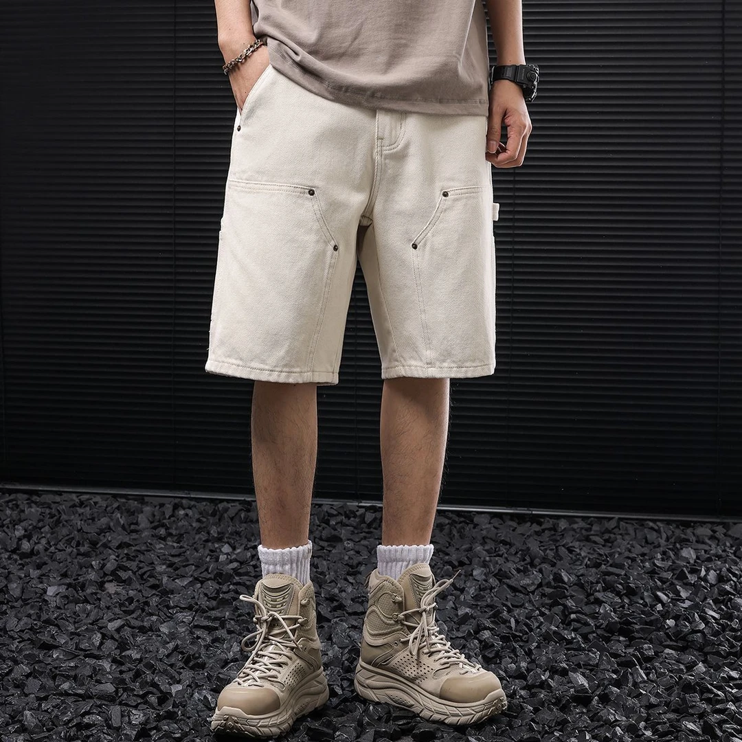 美式休闲宽松米白色工装牛仔短裤男款拼接百搭直筒五分裤质感中裤