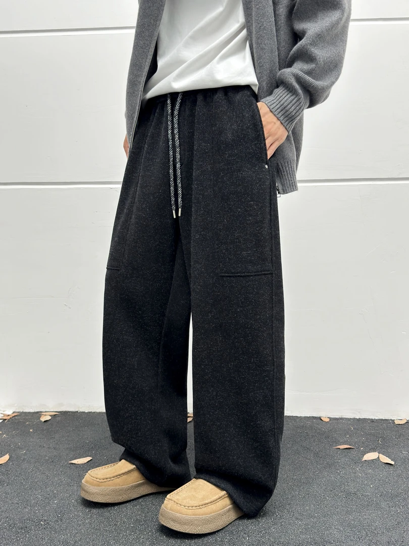 针织冬季休闲风休闲裤侧拉链裤子宽松加厚高街百搭
