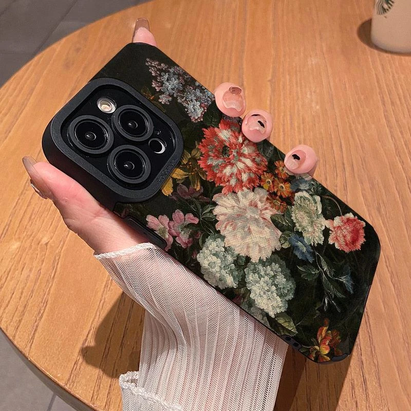 适用油画花朵个性苹果15promax高级感硅胶13全包16套17男女手机壳