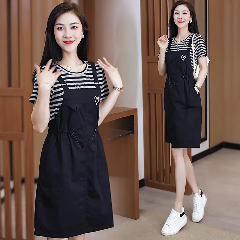 纯棉休闲假两件背带裙女2025年夏季新款小个子时尚洋气宽松连衣裙