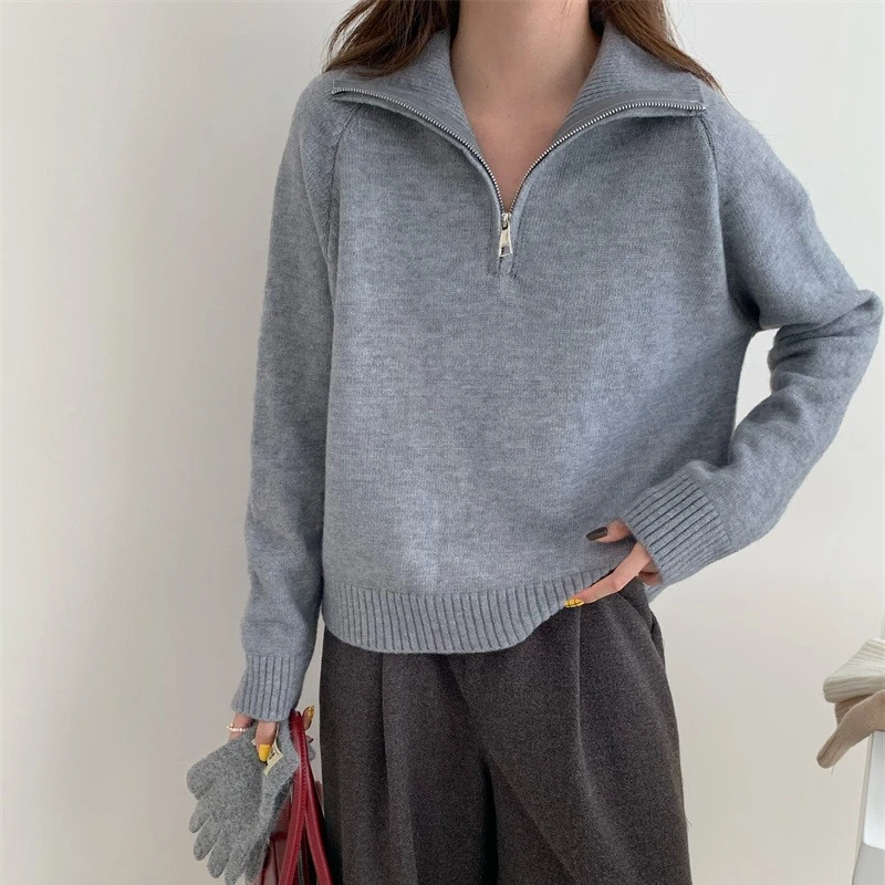 百搭半拉链翻领毛衣女休闲外穿慵懒风宽松加厚针织上衣长袖韩版