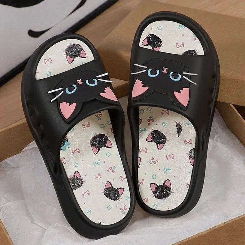 女士个性甜酷卡通可爱软底外穿小黑猫夏季网红拖鞋休闲防滑一字