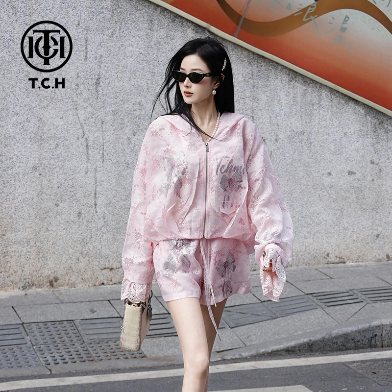 TCH现货烫钻工艺粉色时尚百搭短外套女T75A17E5009轻奢tch