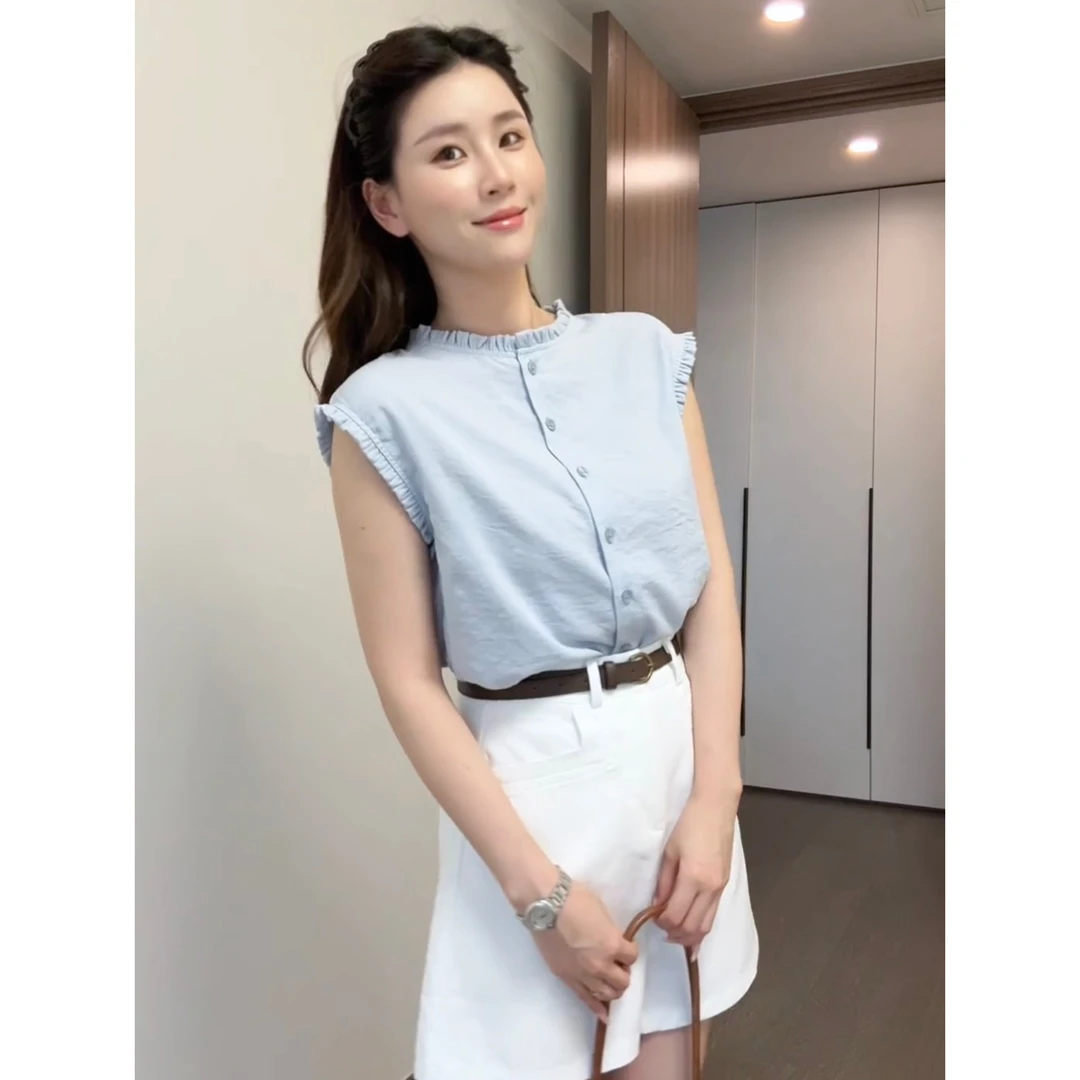 法式木耳边圆领无袖背心女2025新款夏季宽松洋气减龄漂亮小衫上衣