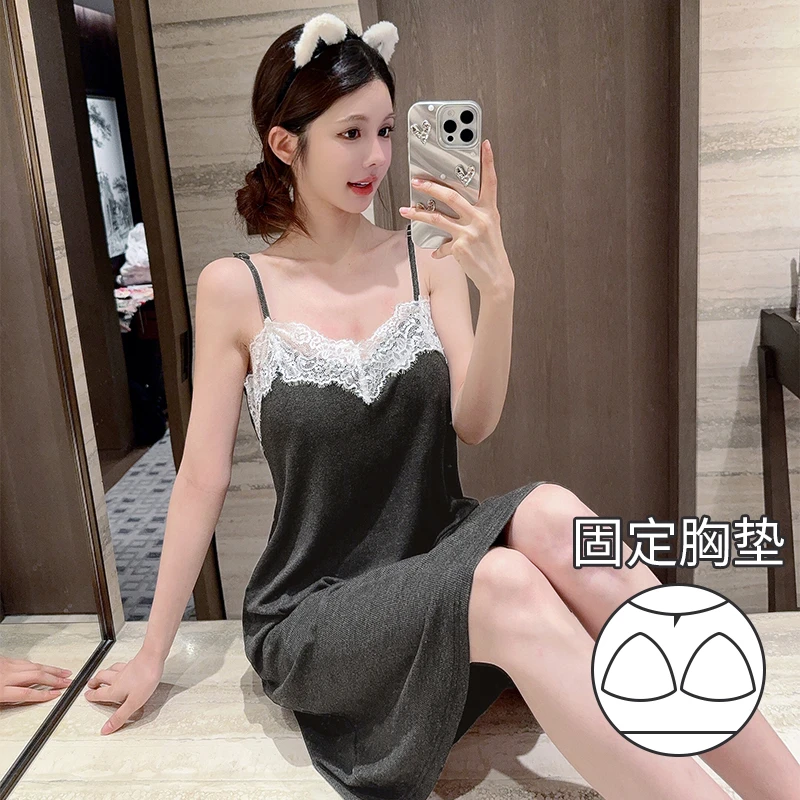 2025夏季甜美风清凉性感吊带蕾丝睡衣裙带胸垫女高级可外穿家居服