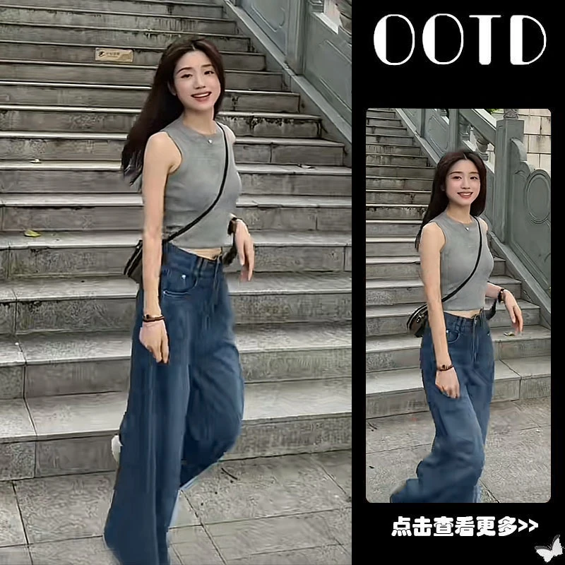 夏季流行穿搭一整套女2025新款韩版圆领无袖T恤百搭牛仔裤两件套