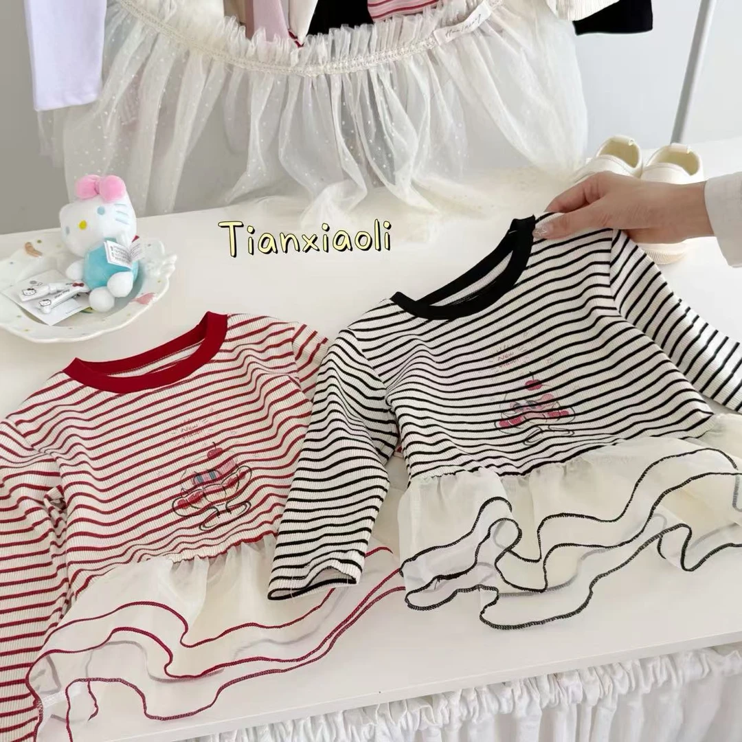 【Tianxiaoli】25秋～女童韩版条纹花边上衣036