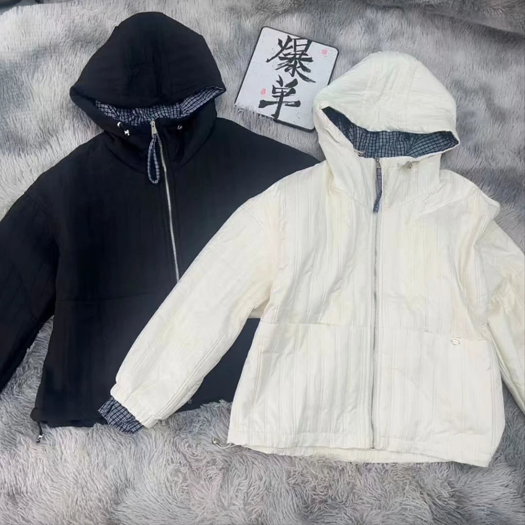 大码高品质连帽格子拼接绗线宽松休闲秋冬短款轻薄棉服外套9858