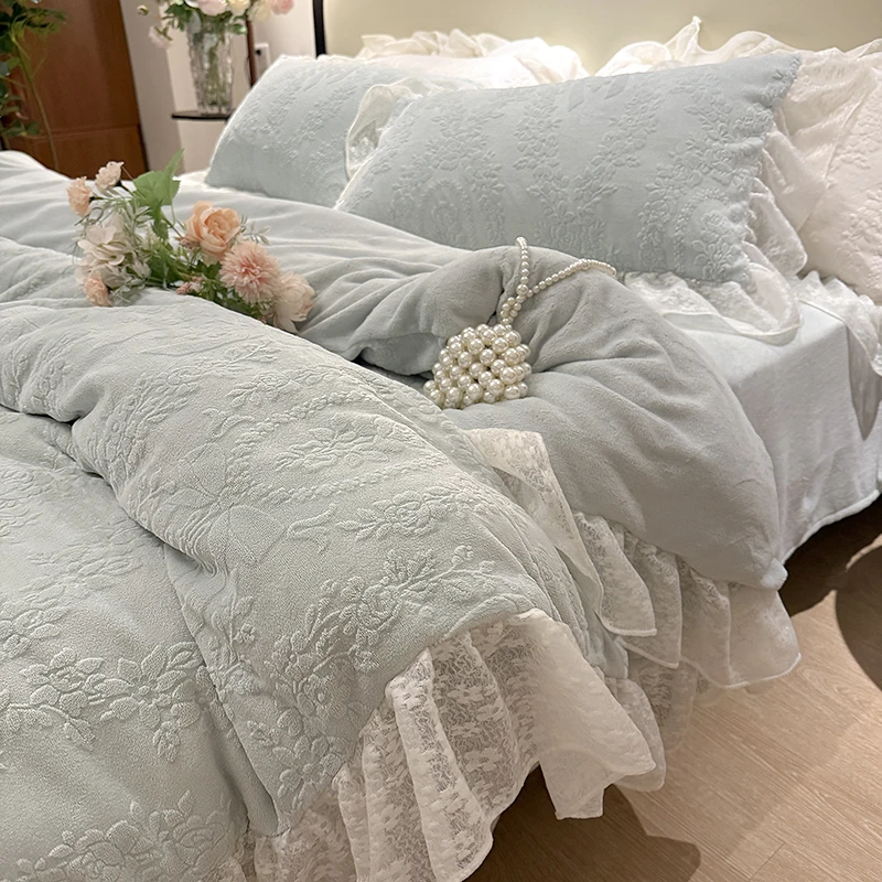 冬季加厚牛奶绒蕾丝边四件套法式花卉雕花被套双面柔软少女心床品