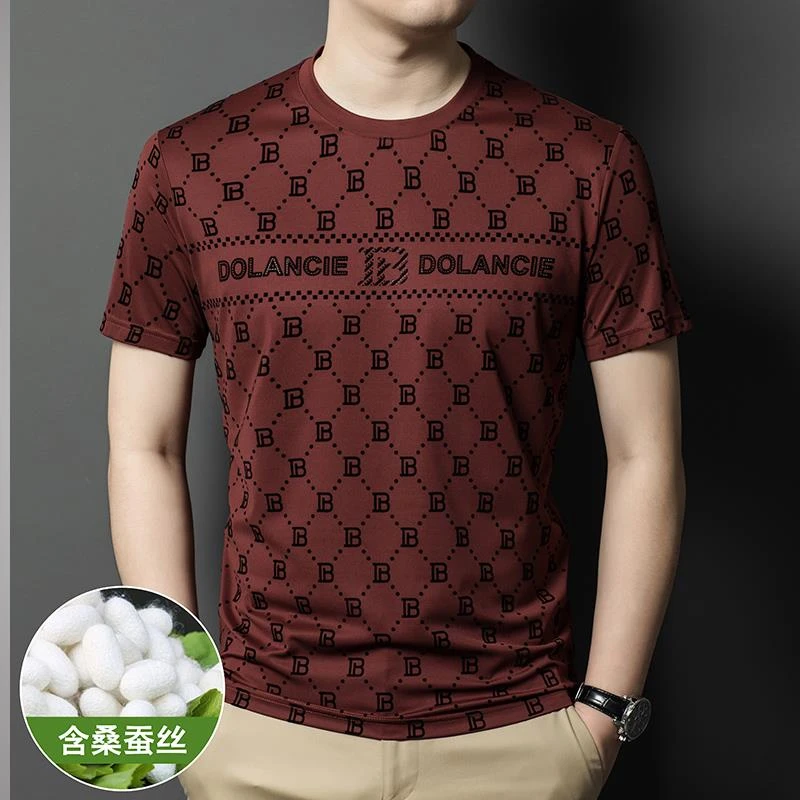 夏季短袖男t恤冰丝速干凉感宽松半袖含桑蚕丝体恤上衣汗衫男装T恤