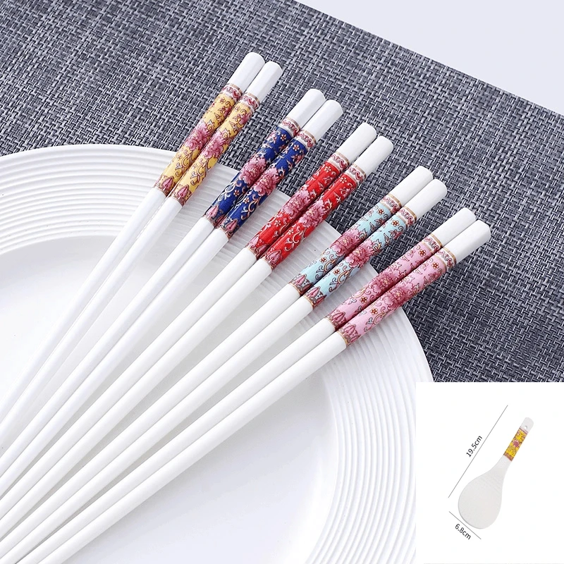 【洛威】珐琅彩骨瓷筷子10双+1个同款陶瓷饭勺耐高温易清洗不易发霉