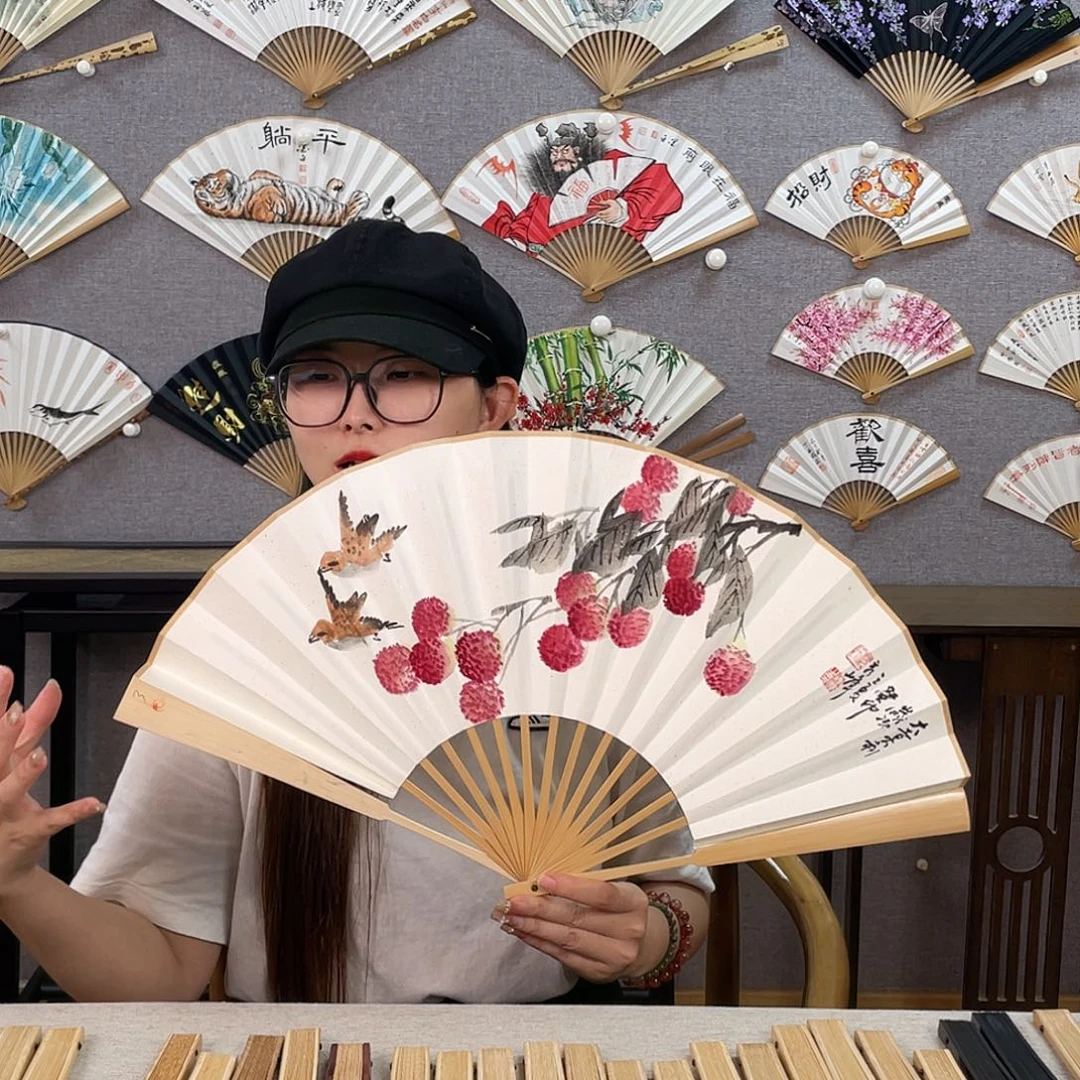 国画10寸玉竹-纯手绘-文玩扇骨（默认粘好）