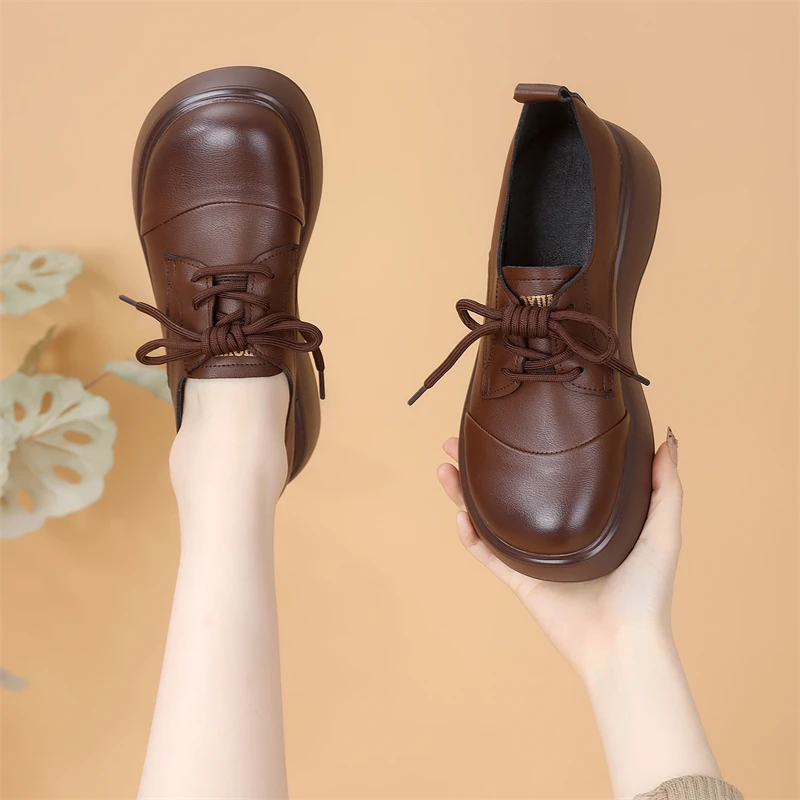 棕色复古乐福鞋女英伦风2025年春季新款百搭系带舒适妈妈小皮鞋女