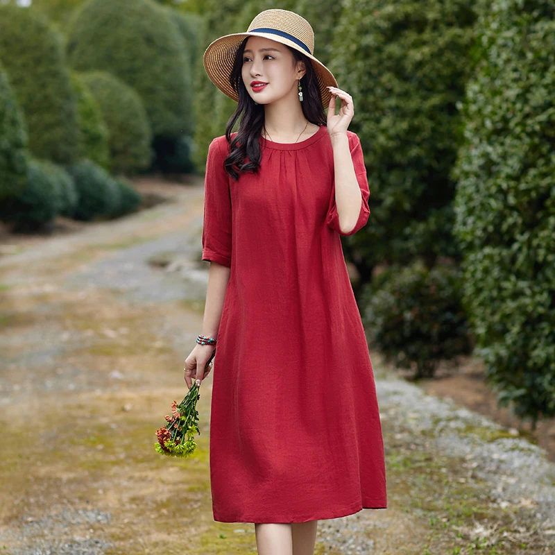 高端小个子亚麻红色连衣裙2025新款春夏气质宽松显瘦棉麻复古裙子