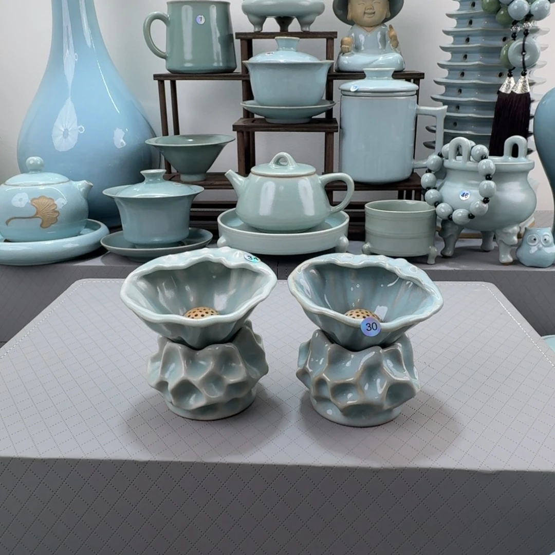 摆件汝窑仿古釉莲瓣茶漏两件套