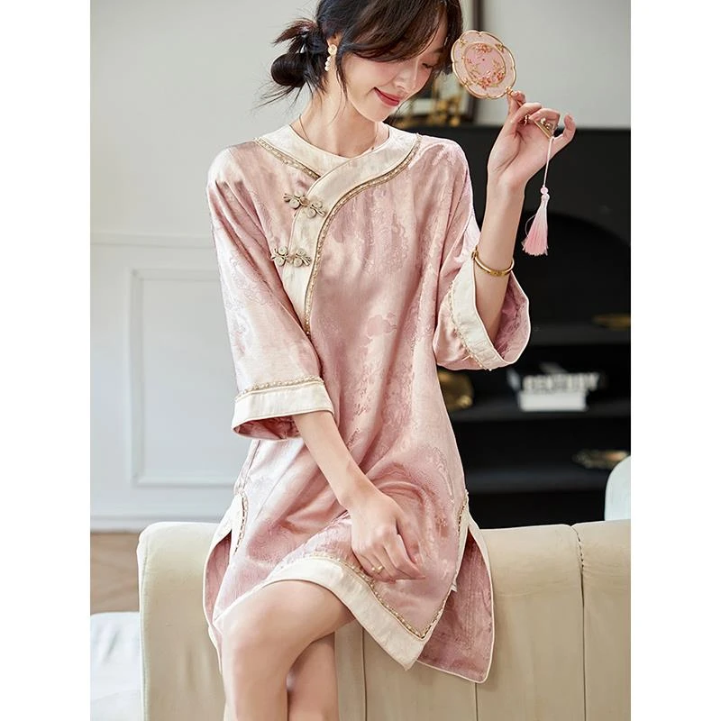 DUCURNO钉珠提花七分袖连衣裙女2025年夏季新款国风盘扣短款裙子