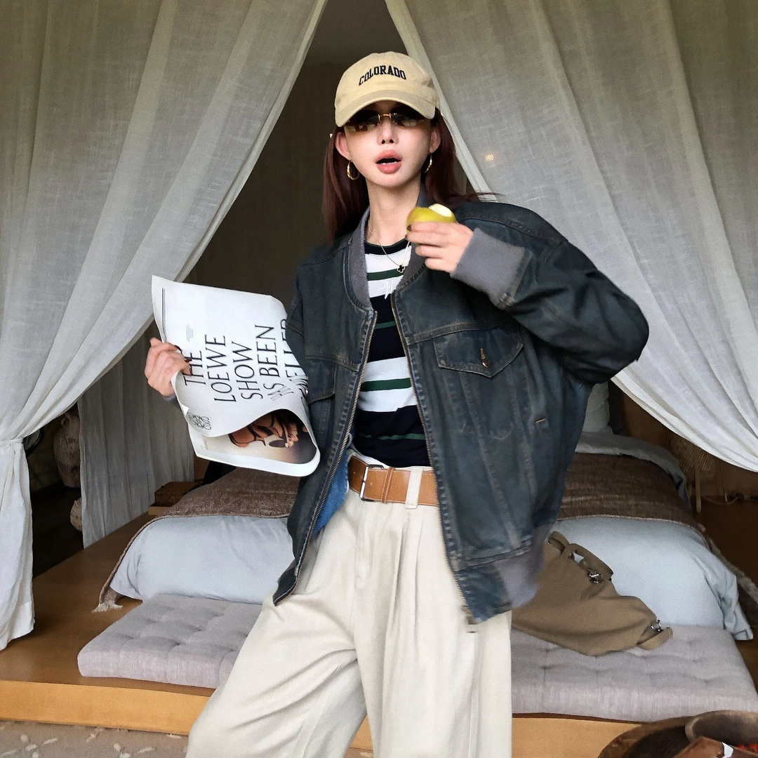 婉君【Ac涂层牛仔】秋季新款美式复古做旧百搭牛仔外套LWJ25B2C2011