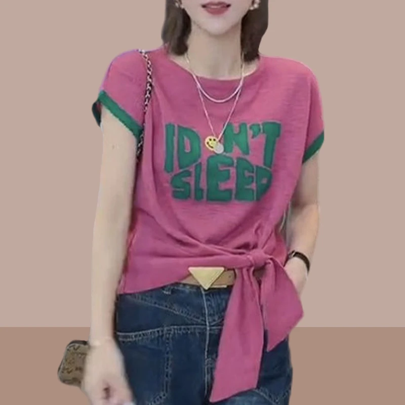 冰丝短袖t恤女2025夏季新款韩版时尚新派简约清凉不规则印花上衣