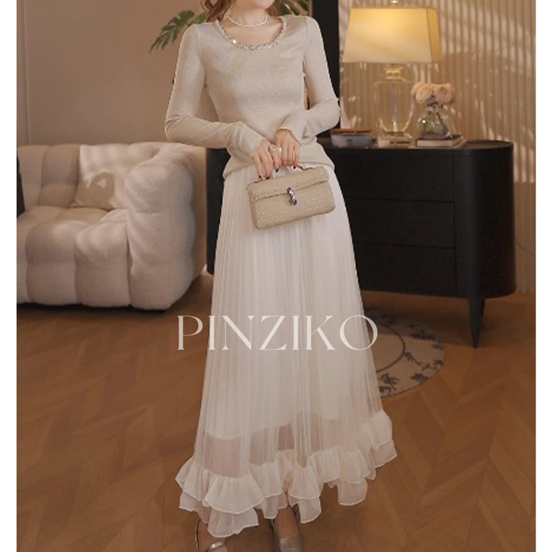 【PINZIKO】步步生莲~25年新款超仙甜美钉珠荷叶边百褶网纱裙TJF018