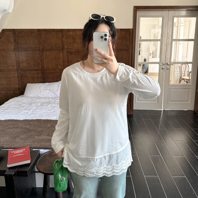 DC7051大码女装【韩系街头T】圆领长袖花边拼接开叉中长款T恤打底衫