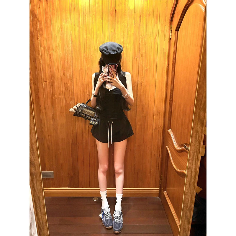 韩系纯欲慵懒风女装休闲拼接蕾丝吊带上衣夏季宽松百搭短裤两件套