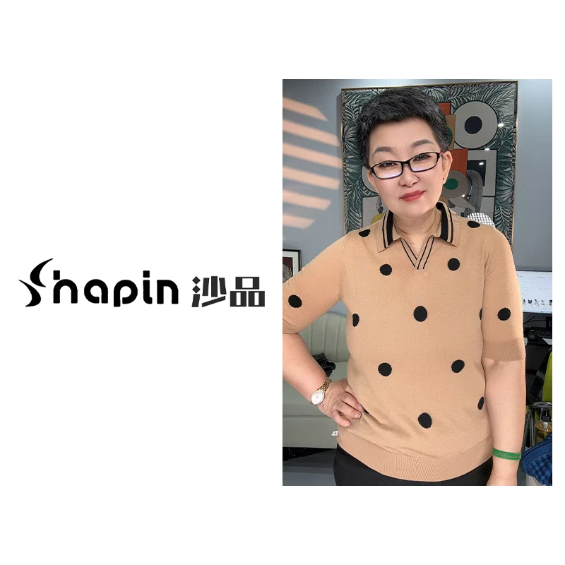 时尚翻领波点羊毛半袖针织衫通勤百搭T恤女YE6159