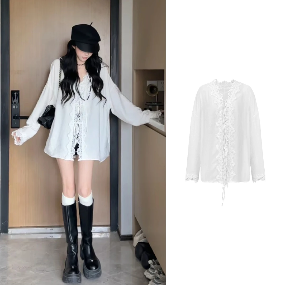 法式甜美蕾丝花边绑带别致衬衫+美背C 9080#