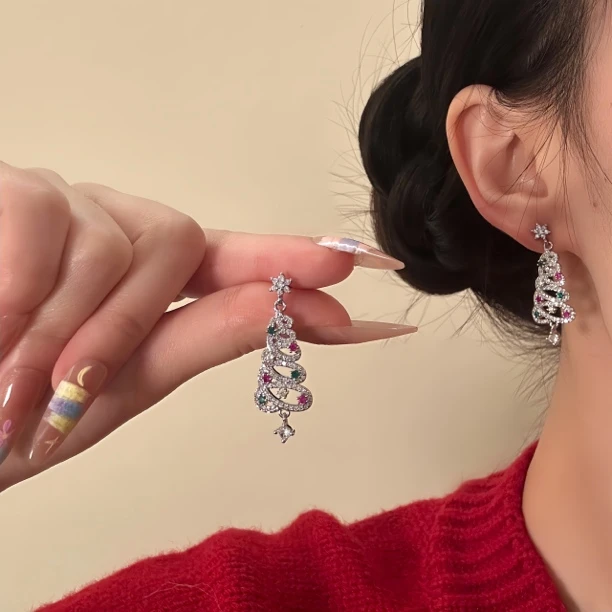 铜合金合成锆石耳饰 圣诞节银色雪花彩钻圣诞树耳钉女新款耳环