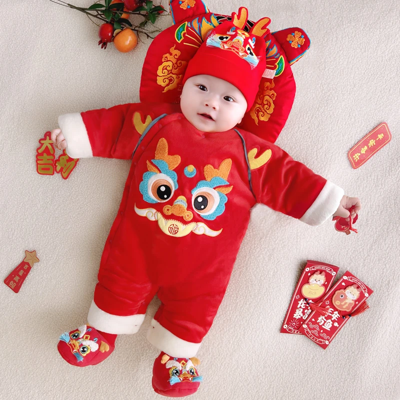 龙年拜年服婴儿连体衣加厚夹棉哈衣满月百天宝宝衣服国潮红色5370
