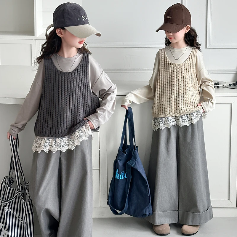 女童毛衣马甲阔腿裤套装春秋装2025新款中大童衬衫潮酷甜美三件套