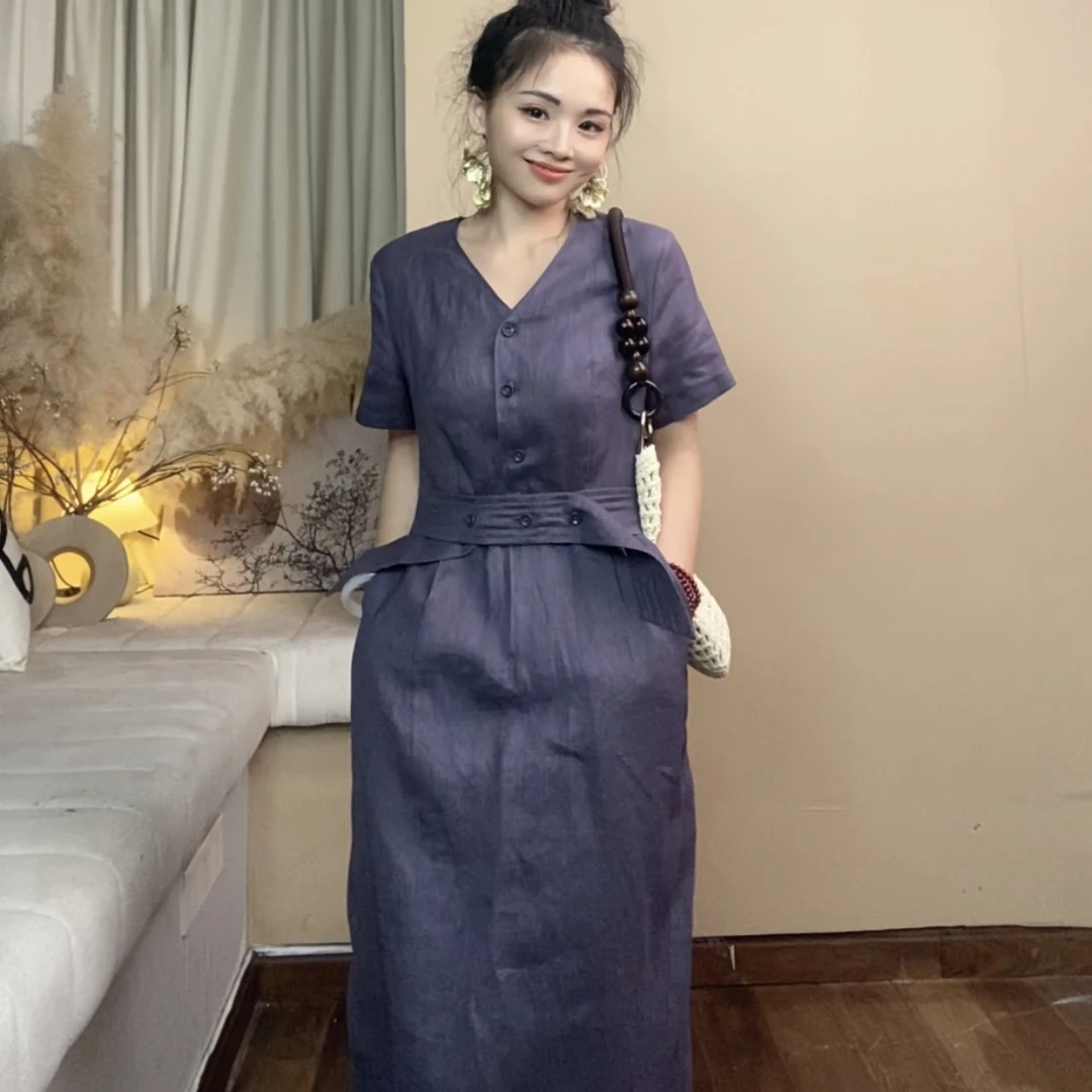 柚兮原创设计～会呼吸的面料！高贵紫全亚麻高级感显瘦修身连衣裙