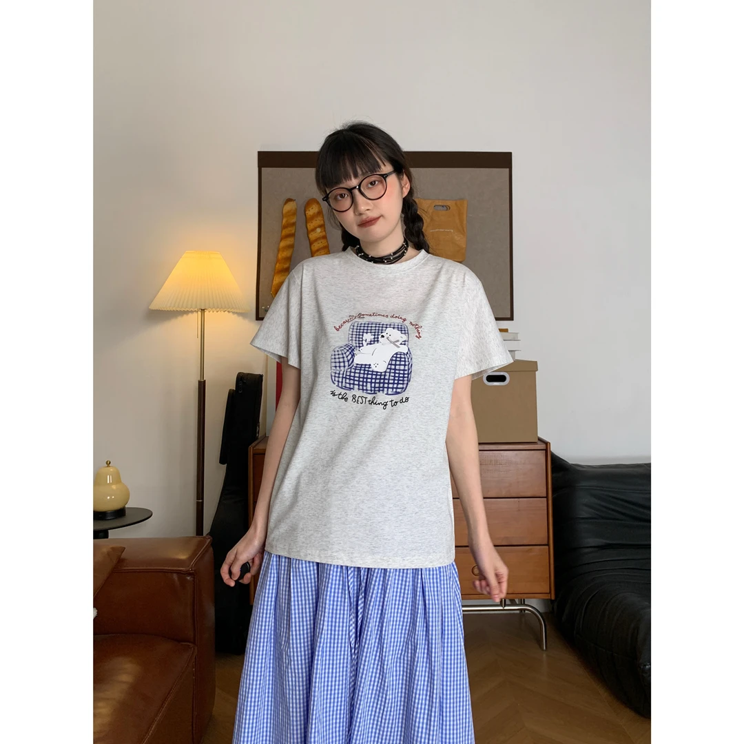 趣味软萌慵懒小熊字母印花短袖女夏季新款显白正肩显瘦百搭T恤潮