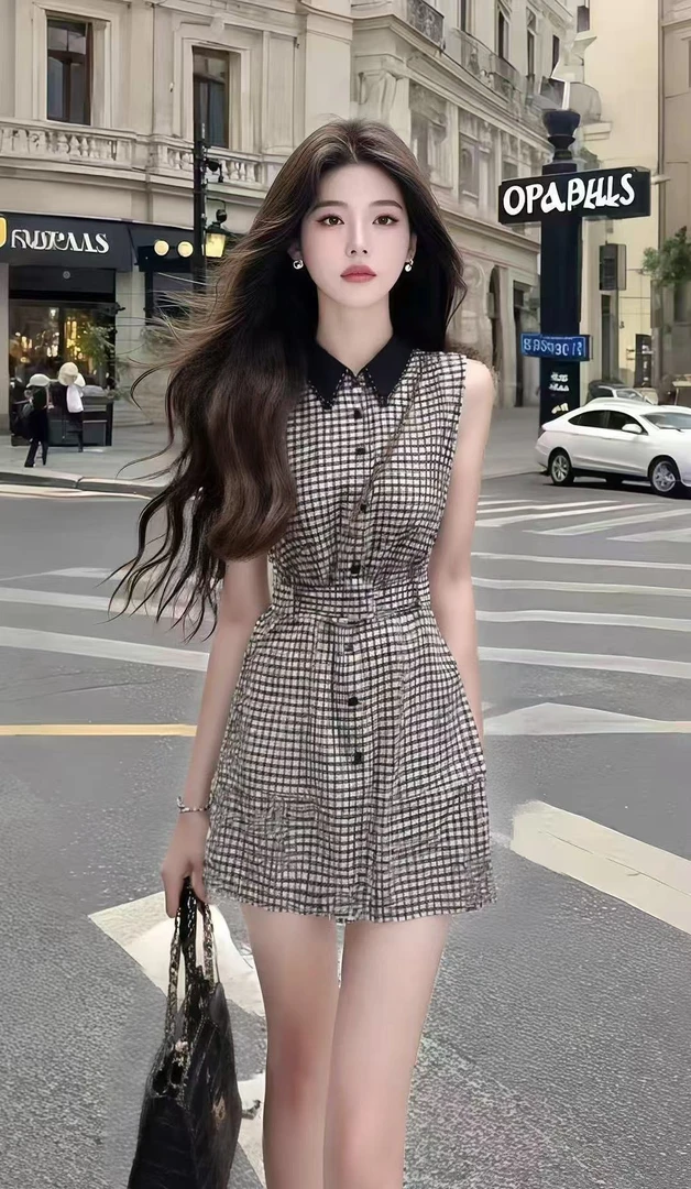 温柔优雅千金风氛围感衬衫领无袖收腰显瘦连衣裙女时尚气质女装