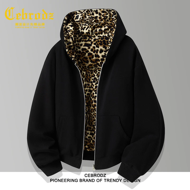法国Cebrodz豹纹双面穿卫衣开衫男秋冬季拼接连帽痞帅宽松外套潮