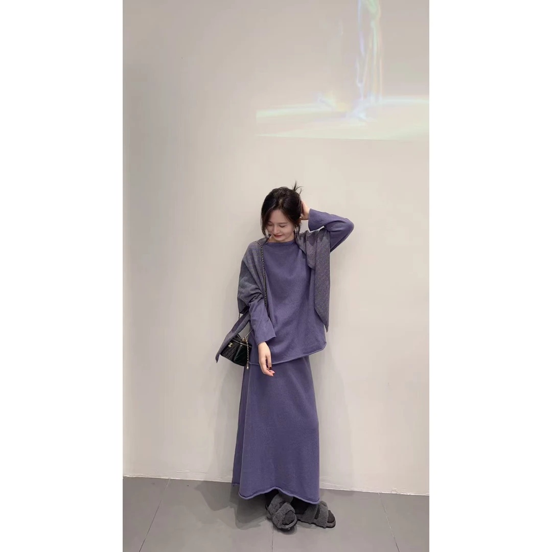 2025早秋新款韩系气质名媛小香风紫色显瘦针织衫半身裙披肩三件套
