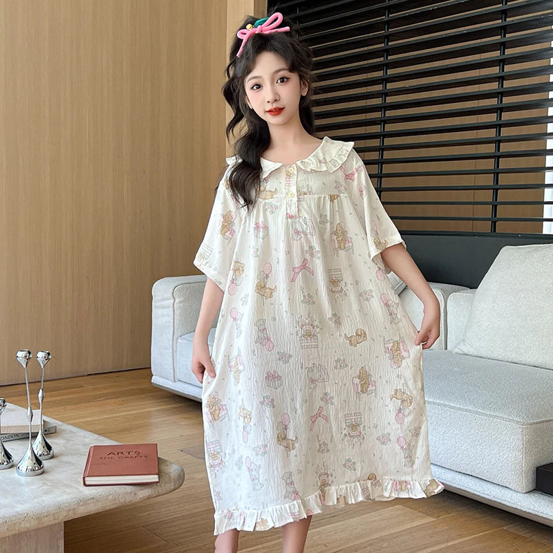 儿童睡衣女大童夏季薄款云朵棉甜美宽松短袖睡裙女孩公主风家居服