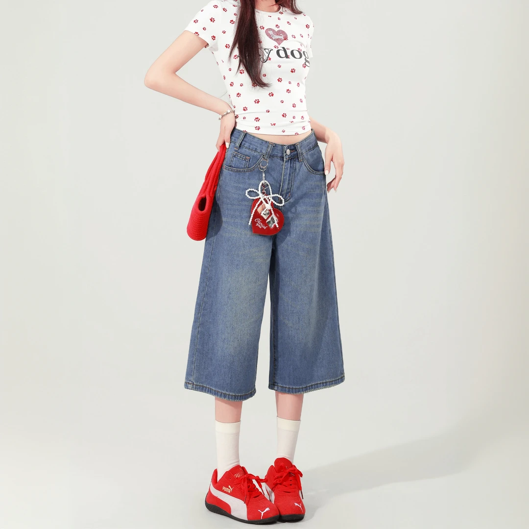 小个子薄款高腰宽松直筒阔腿裤2025年夏季慵懒风美式七分牛仔裤女