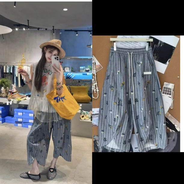 特清 25秋季新品花开漫野印花休闲十七刺绣碎花气球裤松紧腰