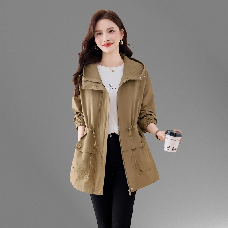 连帽风衣外套女中长款2025春秋新款大码休闲收腰高端洋气夹克上衣