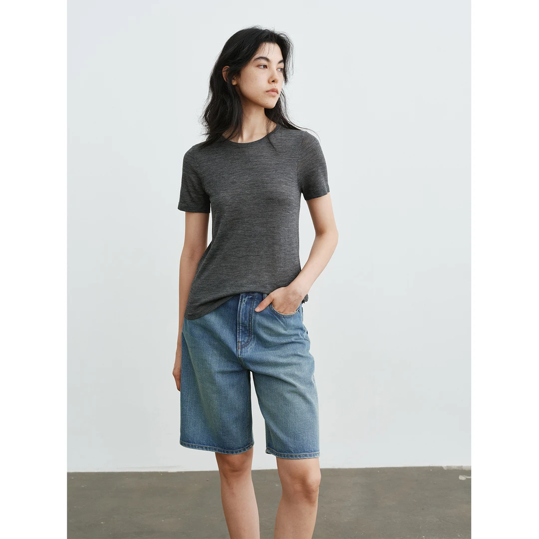 Ayuko｜美国进口水洗竹节肌理Boyish风随性五分直筒牛仔中裤0513