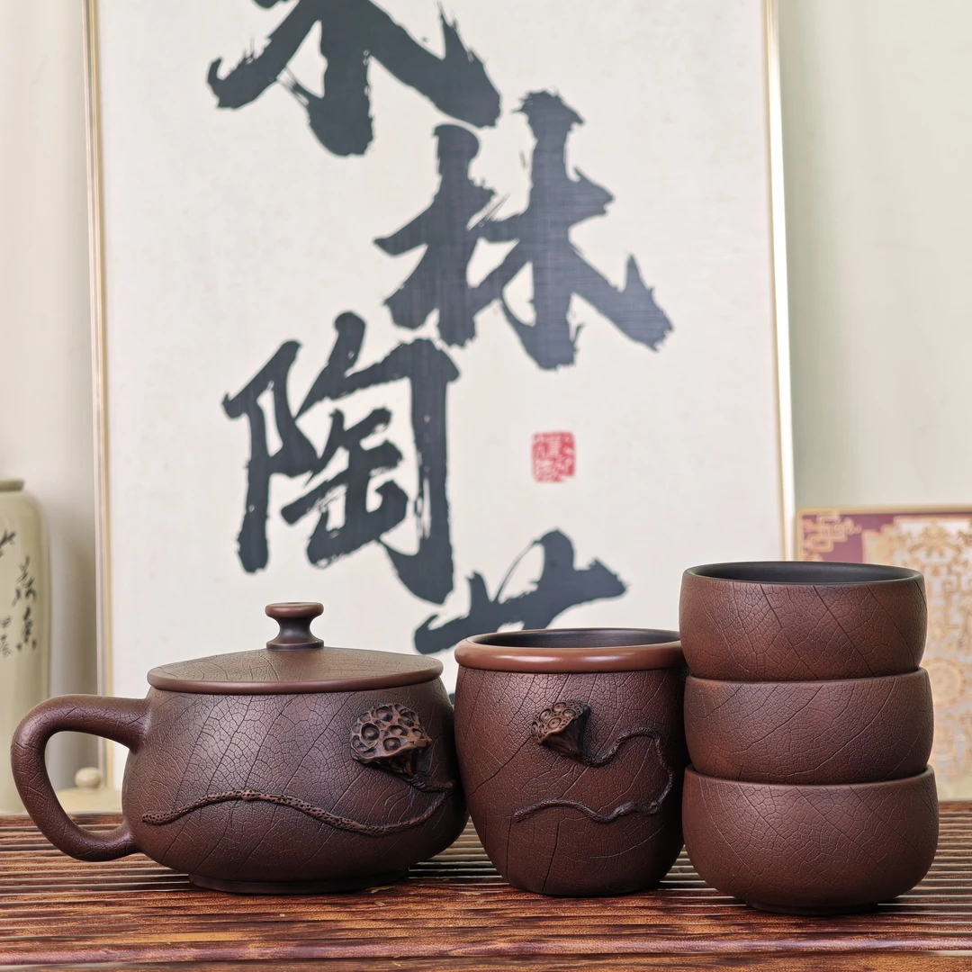 莲蓬菩提纹【大师级】300ml-大容量-赠4个杯子-纯手工-天然泥料茶壶